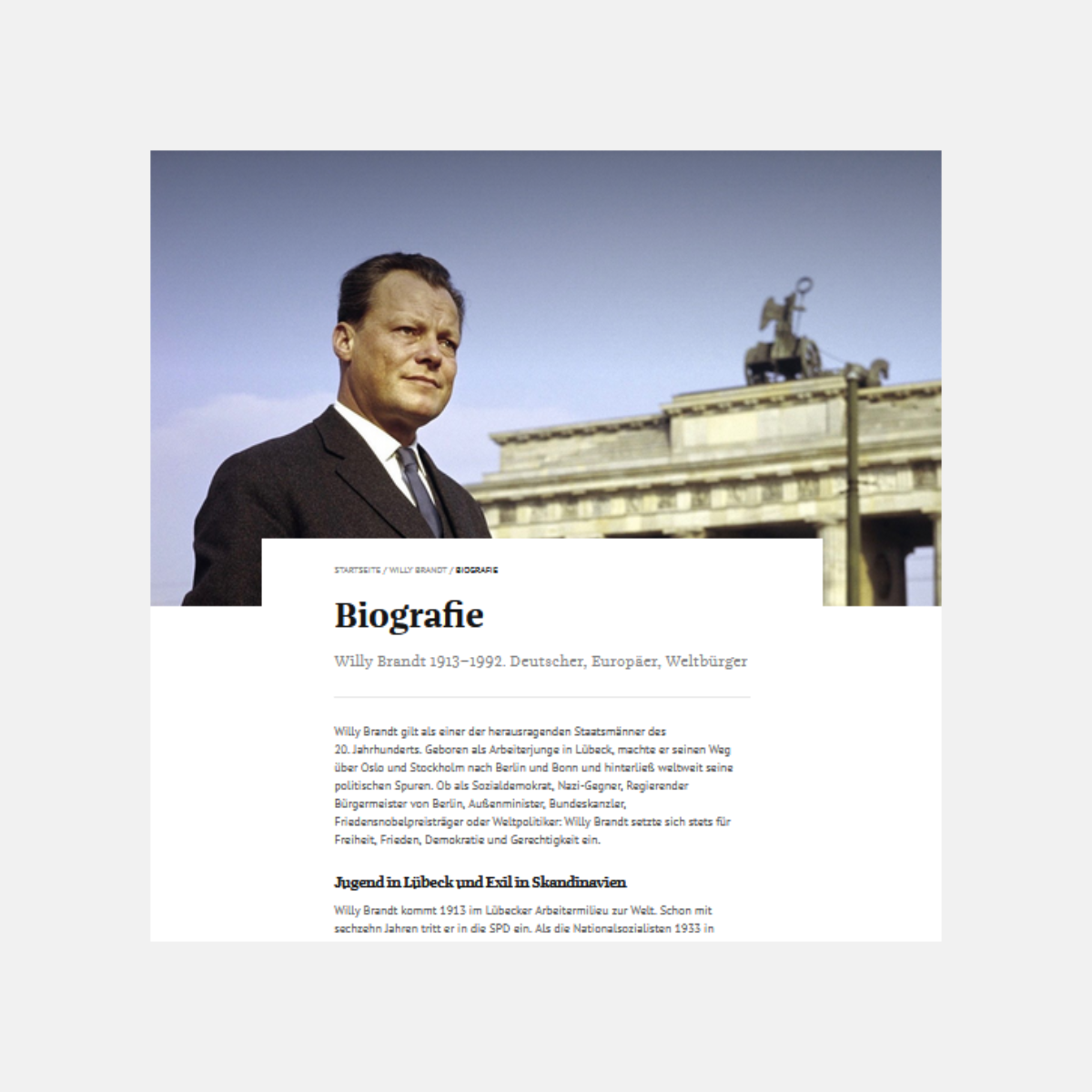 Vorschau des Artikels, Willly Brandt ist vor einem blauen Himmel und dem Brandenburger Tor abgebildet