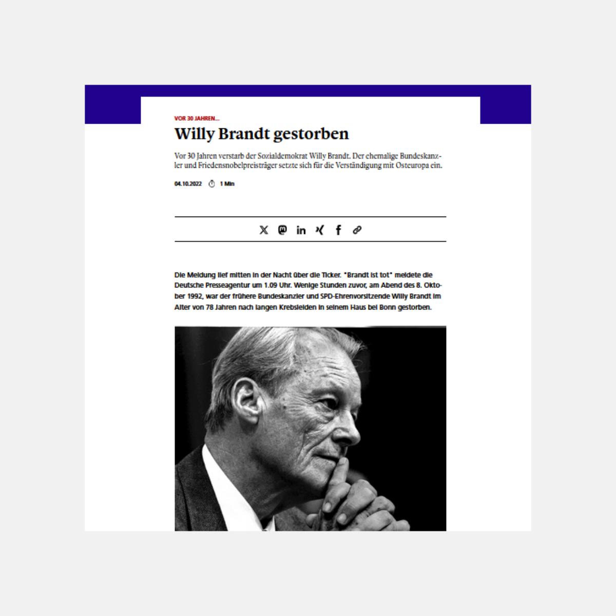 Vorschau des Artikels, Portrait von Willy Brandt, auf dem er nachdenklich schaut