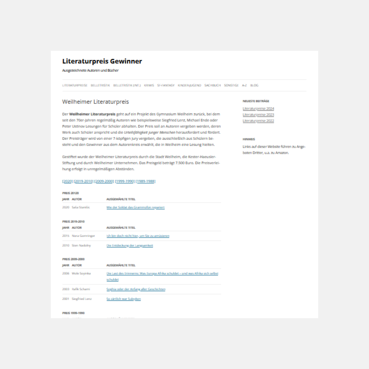 Übersicht über die Literaturpreisgewinnerinnen und -Gewinner