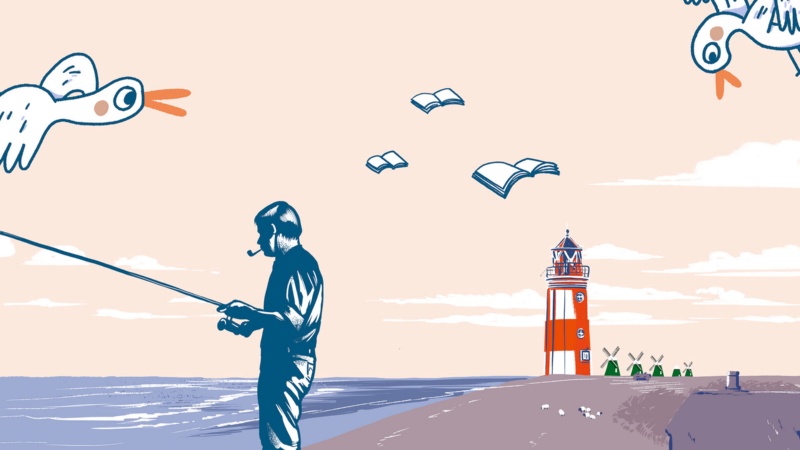 Gezeichneter Siegfried Lenz angelnd an der Küste vor Leuchtturm mit Büchern und Möwen. 