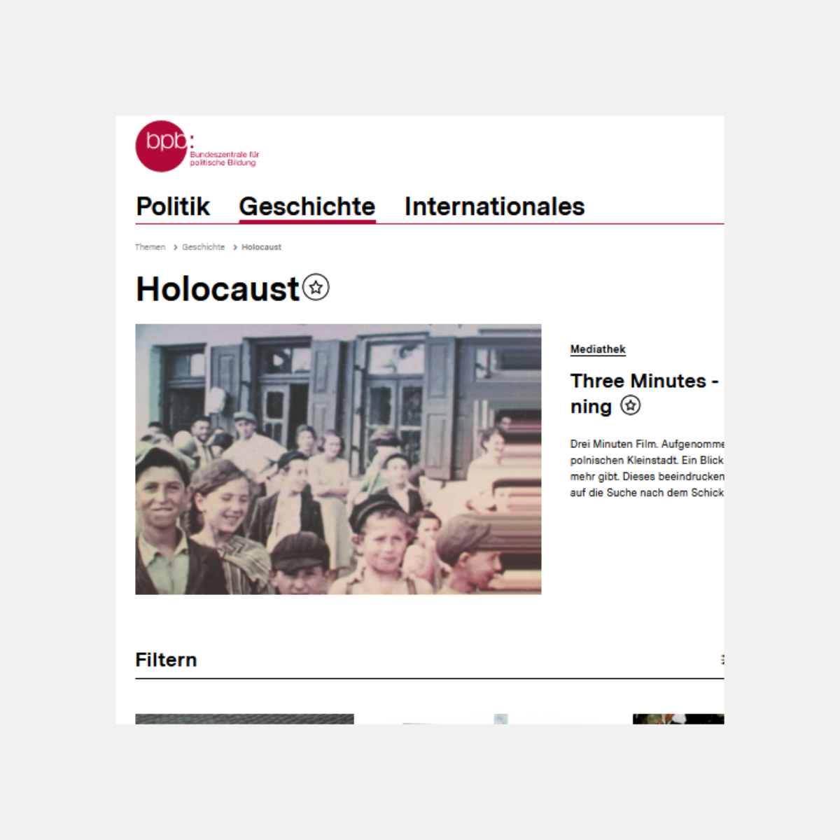 Ein Ausschnitt der Themenseite zum Thema „Holocaust“ der BpB, Standbild eines Dokumentarfilms ist zu sehen