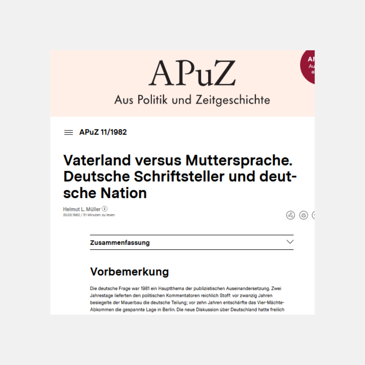 Screenshot des verlinkten Artikels „Vaterland versus Muttersprache. Deutsche Schriftsteller und deutsche Nation“ aus einer APuZ