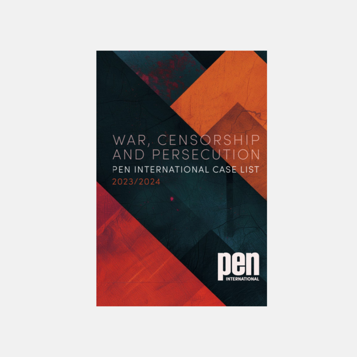 Das Deckblatt der PEN Case List von 2023/24 ist abgebildet, es besteht aus geometrischen Formen in gedeckten blau, rot und orange Tönen