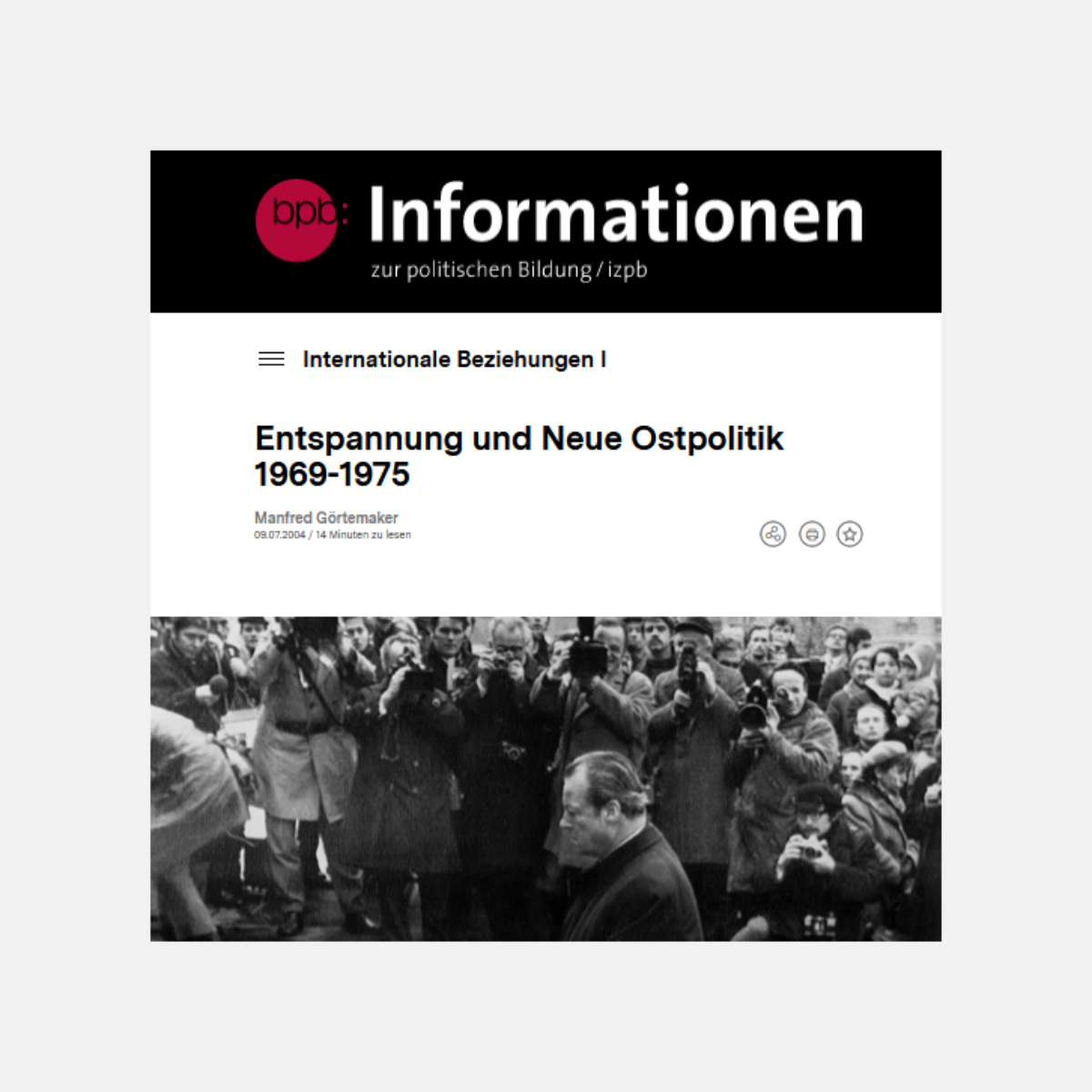 Im unteren Teil ist Willy Brandts Kniefall zu sehen, oben steht die Überschrift „Entspannung und Neue Ostpolitik 1969-1975“