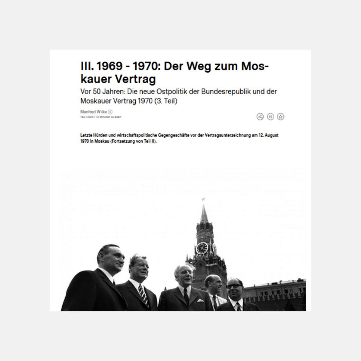 In der unteren Hälfte sind Willy Brandt und weitere deutsche Politiker in Moskau zu sehen, oben steht die Überschrift „1969 - 1970: Der Weg zum Moskauer Vertrag“