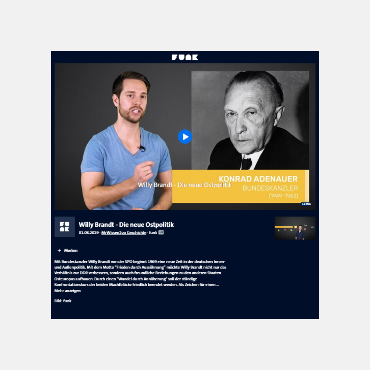 das Startbild des Videos ist zu sehen, ein braunhariger Mann deutet auf ein Bild von Konrad Adenauer