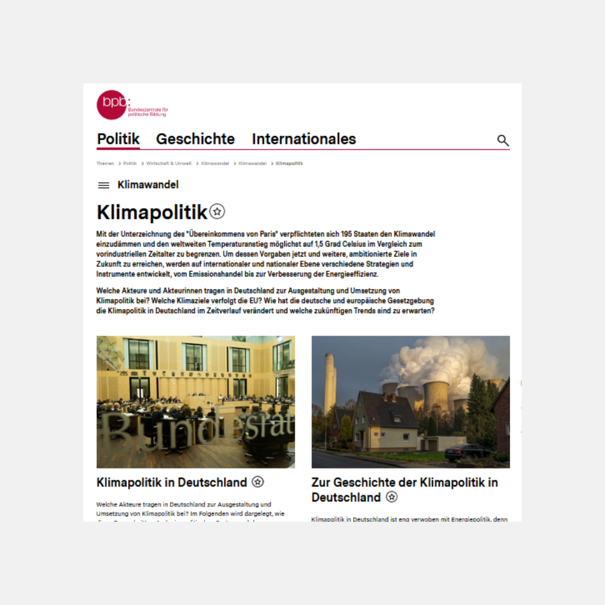 Vorschau des Dossiers, es ist ein Bild vom Bundesrat zu sehen, ebenso ein Einfamilienhaus vor einem Braunkohlekraftwerk