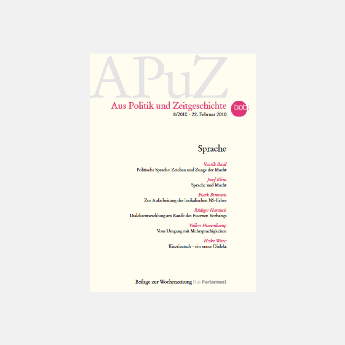 Auf gelbem Hintergrund werden in pink die verscheidenen Artikel des magazins aufgelistet