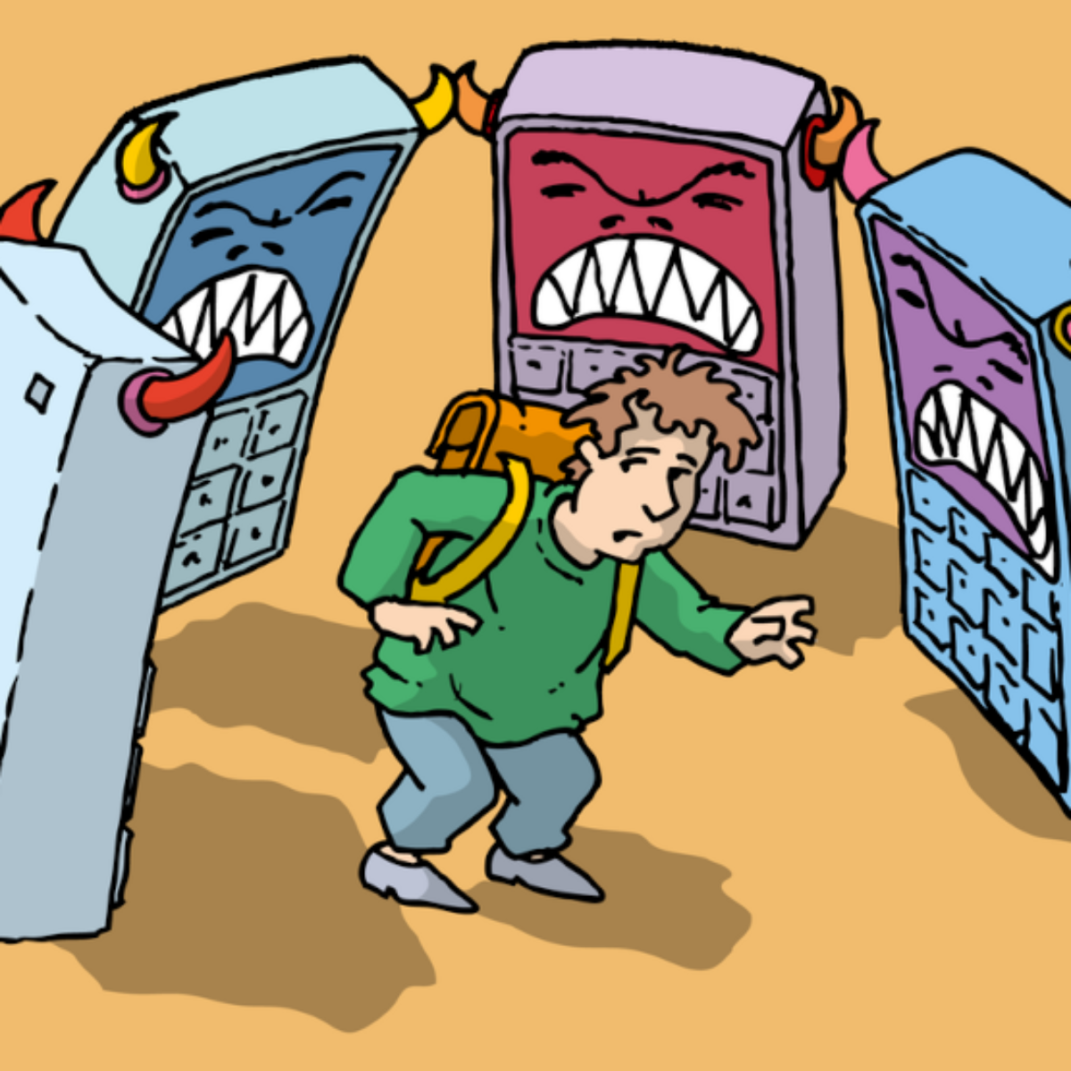 Vier Handys mit Hörnern stehen um ein Kind herum, dass verängstigt aussieht.