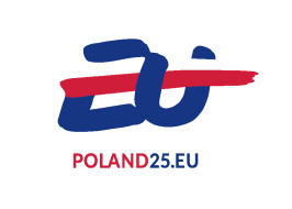 poland25 Logo der polnischen Ratspräsidentschaft mit EU Schriftzug durch den eine polnische Flagge als Strich des Es von Eu geht. Darunter POLAND25