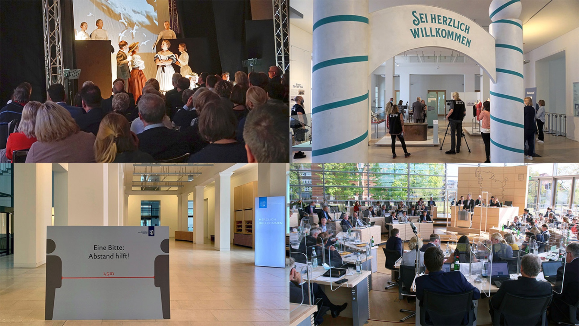 Eine Collage aus vier Bildern mit verschiedenen Motiven, die das erste Halbjahr 2020 im Landeshaus geprägt haben.