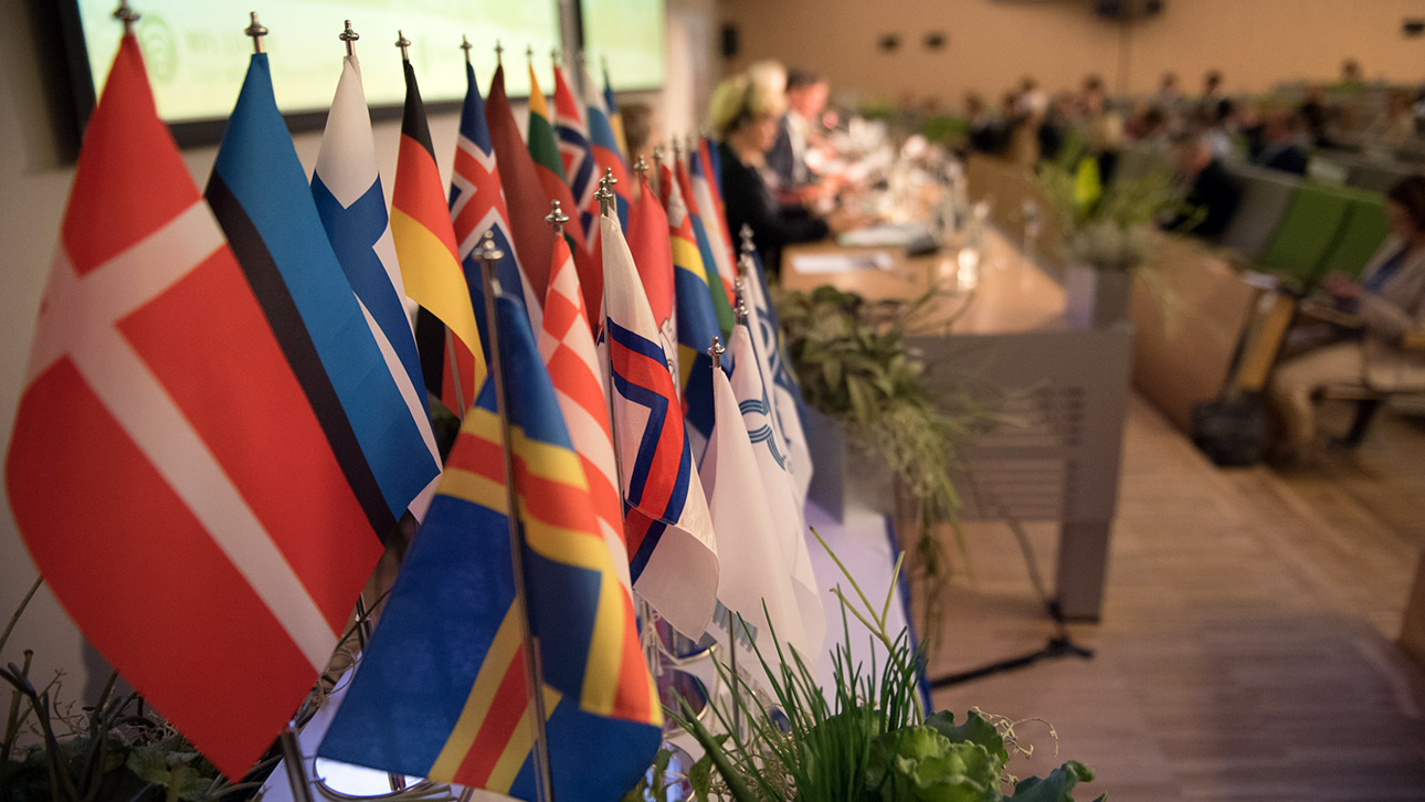 Fahnen stehen auf einem Tisch während einer BSPC-Konferenz